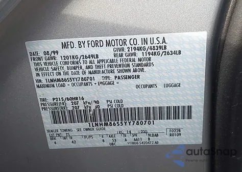 2000 Lincoln Ls V6 Auto/V6 Manual z USA, uszkodzony, nr VIN 1LNHM86S5YY780701